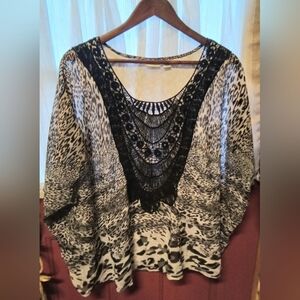 Cato Cream and Black Animal Print Blouse with Crochet Bib